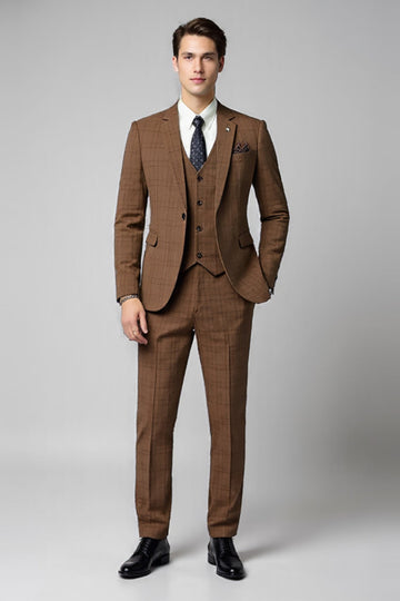 3 Peças Slim Fit Verificado Entalado Lapela Marrom Fato Homem